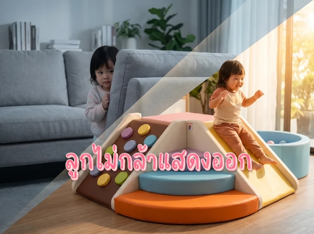 เด็กกำลังเล่นชุดปีนป่าย Soft Play บ่อบอลและสไลเดอร์ โทนลูกกวาด อย่างมั่นใจในบ้าน