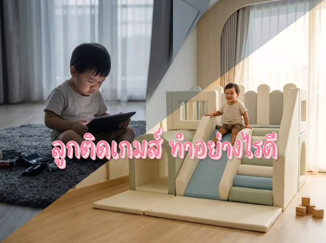 เด็กไทยกำลังเล่นชุดปีนป่าย Soft Play พร้อมสไลเดอร์สีพาสเทลอย่างสนุกสนานในบ้าน แทนการเล่นเกมส์