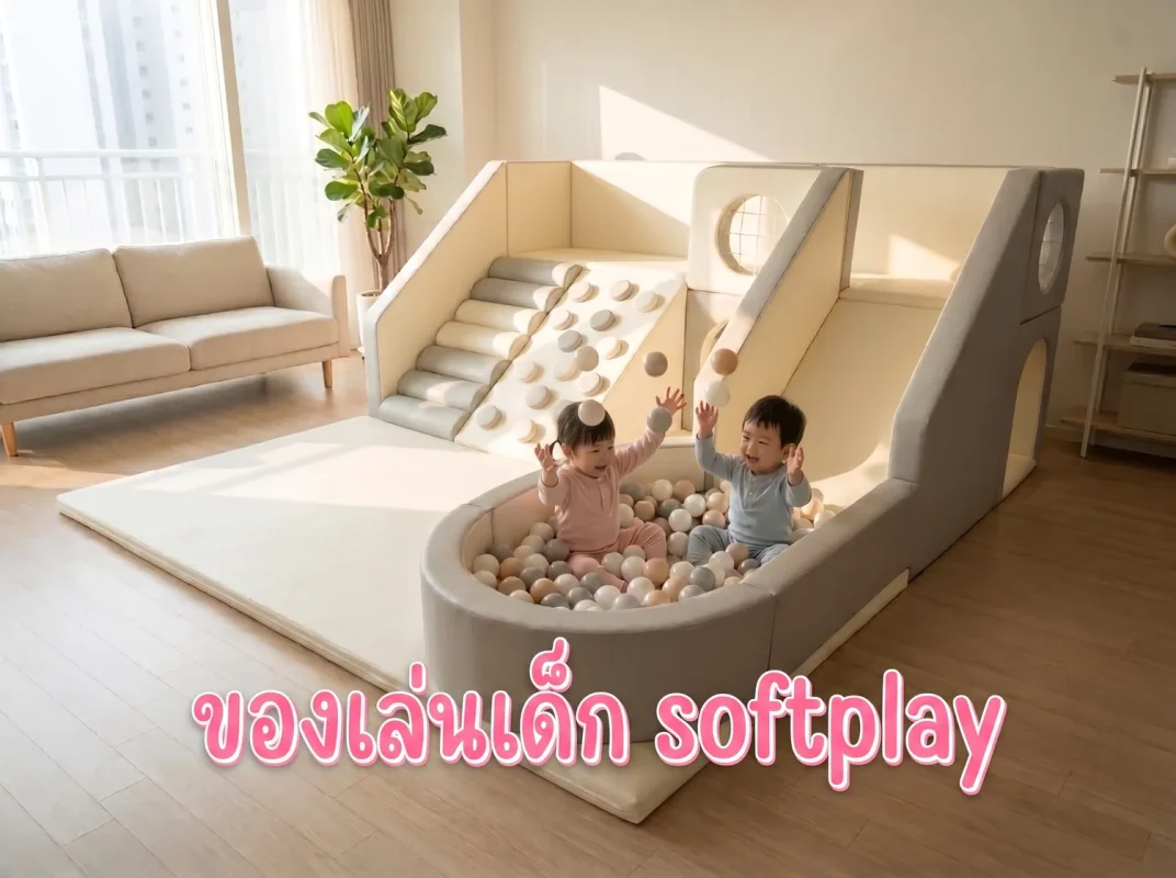 ชุดของเล่นเด็ก softplay สีพาสเทล มินิมอล พร้อมสไลเดอร์และบ่อบอล จัดวางในมุมนั่งเล่นที่ปลอดภัยสำหรับเด็ก