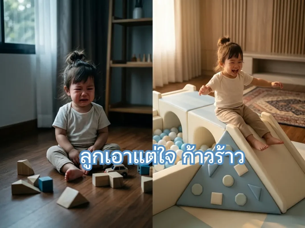 เด็กไทยกำลังเล่นชุดคอกกั้นเด็ก Soft Play สีพาสเทลพร้อมอุโมงค์และสไลเดอร์อย่างสนุกสนาน ช่วยระบายพลังงานและลดพฤติกรรมลูกเอาแต่ใจ ก้าวร้าว