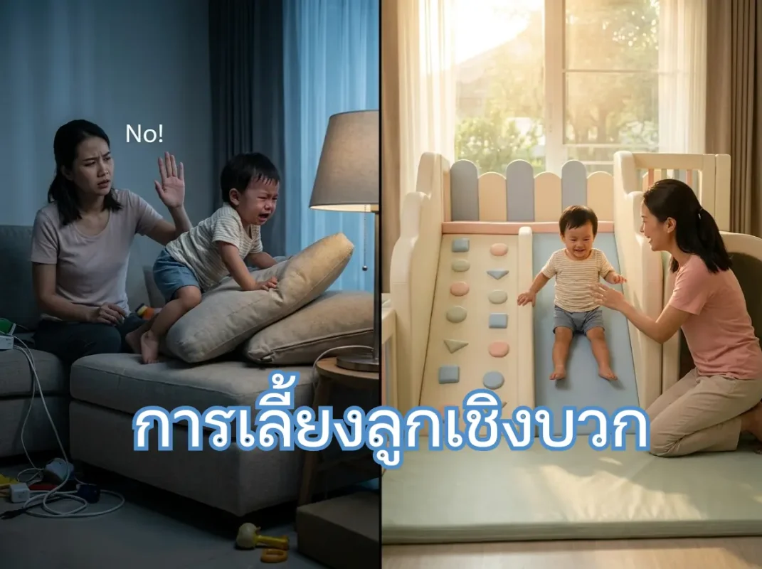 คุณแม่และคุณพ่อชาวไทยกำลังนั่งยิ้มและเล่นสนุกกับลูกในคอกกั้นเด็ก Soft Play โทนสีพาสเทล ส่งเสริมการเลี้ยงลูกเชิงบวกผ่านพื้นที่เล่นที่ปลอดภัย