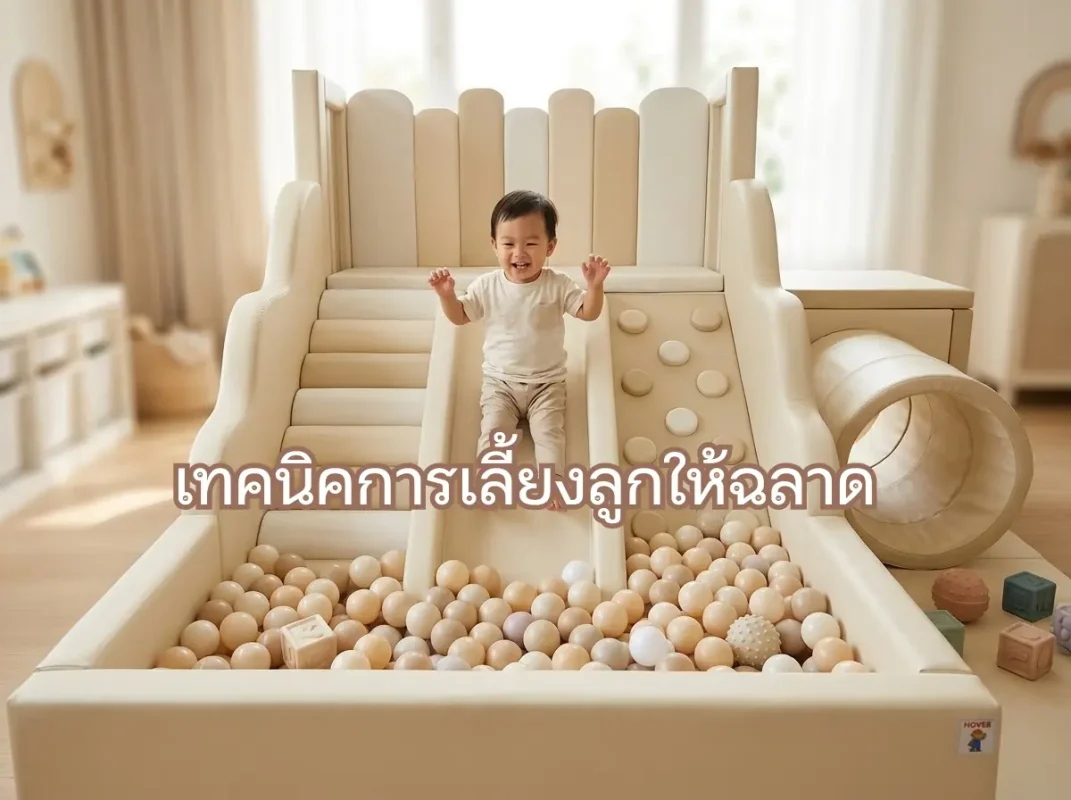 เด็กไทยกำลังยิ้มและเล่นสนุกบนชุดสไลเดอร์และบ่อบอลคอกกั้นเด็ก Soft Play สีน้ำตาลพาสเทล ซึ่งเป็นหนึ่งในเทคนิคการเลี้ยงลูกให้ฉลาดผ่านการเคลื่อนไหวร่างกาย