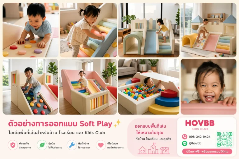 ตัวอย่างการออกแบบ Soft Play สำหรับเด็ก พร้อมแนวคิดพื้นที่เล่นและข้อมูลติดต่อ HOVBB Kids Club