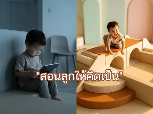 เด็กเอเชียกำลังเล่นปีนป่ายและแก้ปัญหาในคอกกั้นเด็ก Soft Play บ่อบอลและอุโมงค์สีพาสเทลอย่างมีความสุข