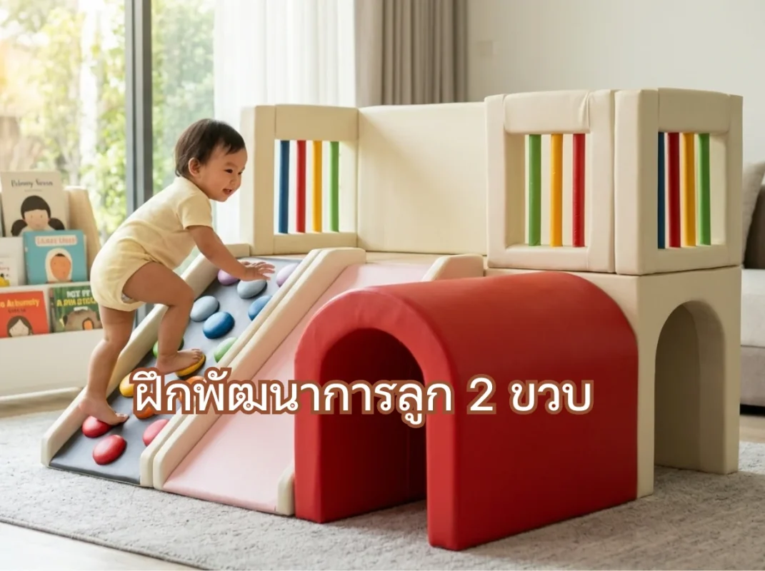 เด็ก 2 ขวบกำลังเล่นปีนป่ายชุด Soft Play สีพาสเทล รุ่น FG-178 เพื่อฝึกพัฒนาการกล้ามเนื้อ