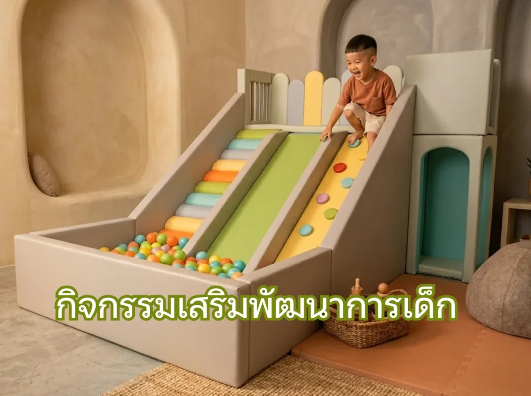 เด็กไทยกำลังเล่นบ่อบอลและชุดปีนป่าย Soft Play ซึ่งเป็นกิจกรรมเสริมพัฒนาการเด็กที่ช่วยฝึกกล้ามเนื้อมัดใหญ่