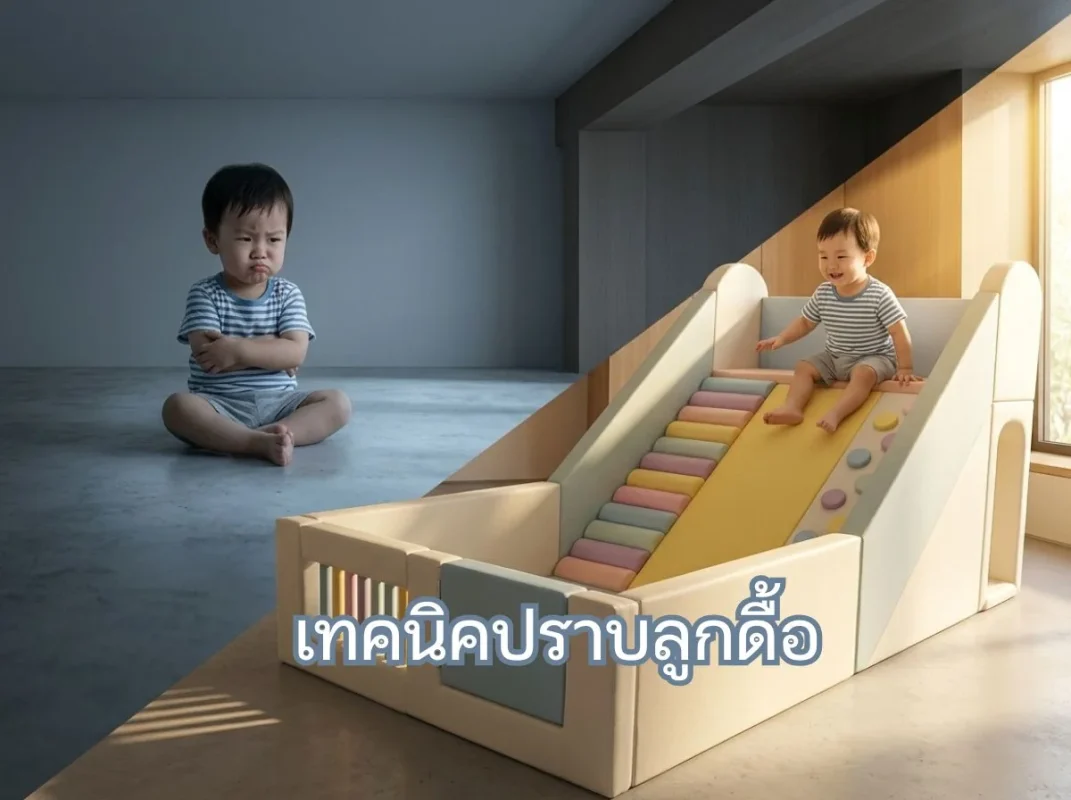 เด็กกำลังเล่นชุดปีนป่าย Soft Play โทนสีโมแรนดิอย่างสนุกสนานในบ้าน พื้นที่ปลอดภัยช่วยลดพฤติกรรมลูกดื้อ