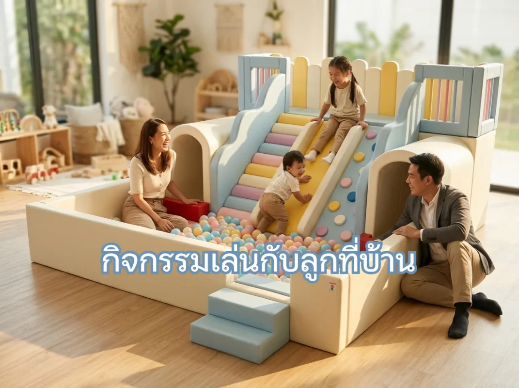 เด็กกำลังเพลิดเพลินกับ กิจกรรมเล่นกับลูกที่บ้าน บนชุดปีนป่าย Soft Play โทนพาสเทล