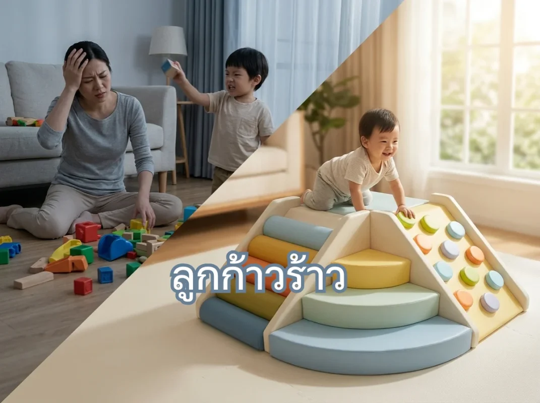 เด็กเอเชียกำลังเล่นชุดปีนป่าย Soft Play ในบ้านอย่างมีความสุข ช่วยลดพฤติกรรมลูกก้าวร้าว