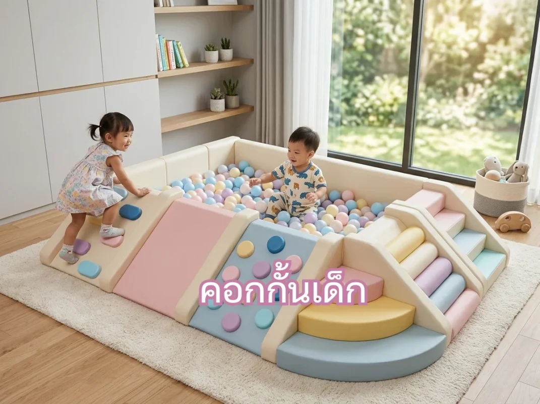 ชุดคอกกั้นเด็ก Soft Play สีพาสเทล พร้อมสไลเดอร์และบ่อบอลจาก hovbbkidsclub จัดเป็นมุมเล่นที่ปลอดภัยสำหรับเด็ก