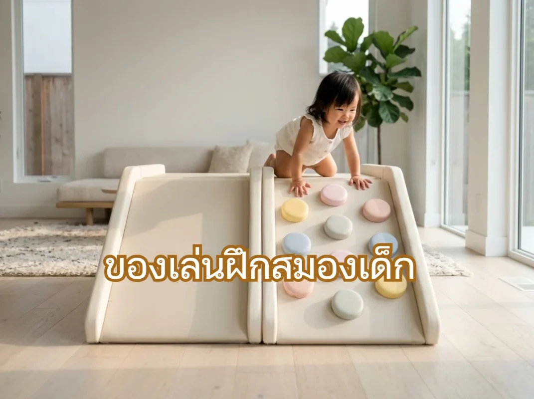 เด็กกำลังเล่นสนุกกับชุดปีนป่าย Soft Play มินิมอล โทนพาสเทล ซึ่งเป็นของเล่นฝึกสมองเด็กที่ช่วยเสริมพัฒนาการรอบด้าน
