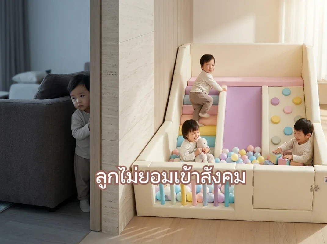 เด็กกำลังเล่นชุดปีนป่าย Soft Play พาสเทลในบ้านอย่างร่าเริง ช่วยเตรียมความพร้อมก่อนเข้าสังคม