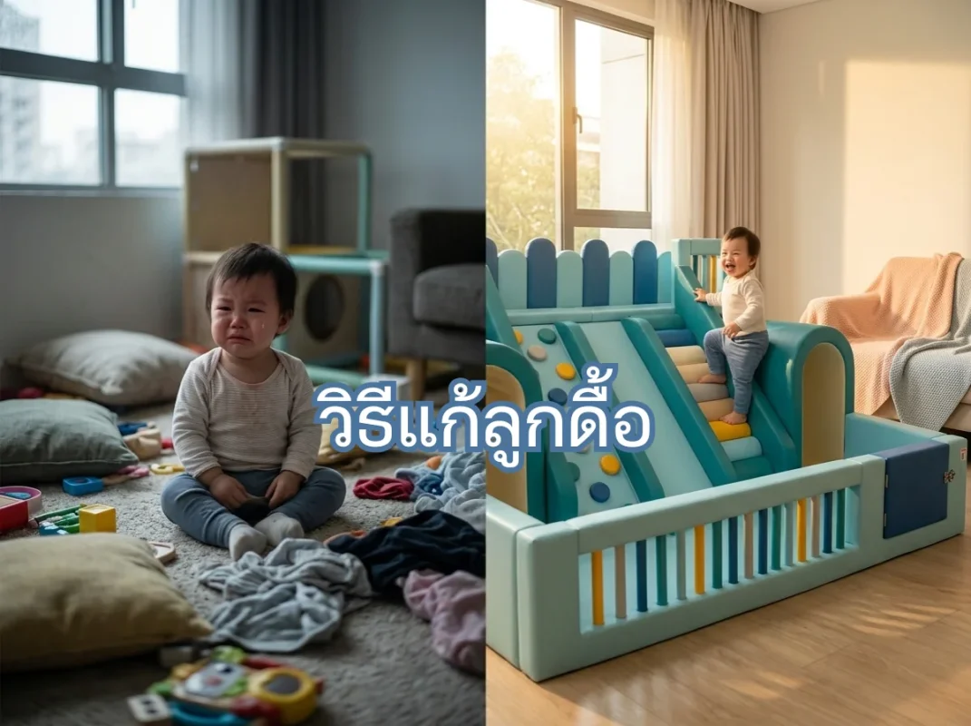 ภาพเด็กเล่นชุดปีนป่าย Soft Play สีสด พร้อมสไลเดอร์และบ่อบอล ช่วยระบายพลังงานลดอาการลูกดื้อ