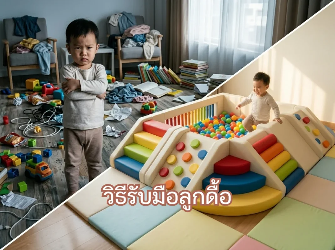 เด็กกำลังเล่นสนุกในชุดปีนป่ายเด็ก Soft Play สีสด พร้อมสไลเดอร์และบ่อบอล ช่วยลดความเครียดและปรับพฤติกรรมลูกดื้อ