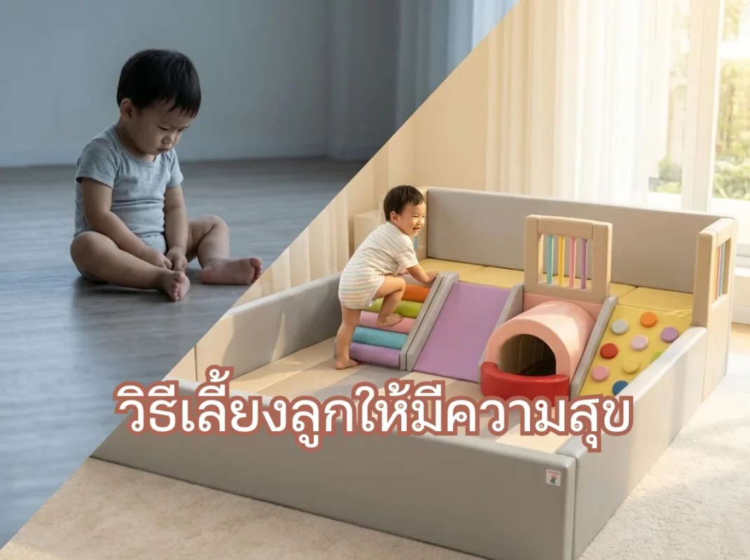 เด็กกำลังเล่นชุดปีนป่าย Soft Play โทนมินิมอลอย่างมีความสุขในมุมเล่นของบ้าน