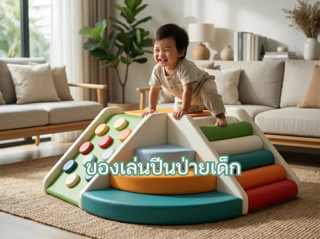 เด็กกำลังเล่นสนุกกับชุดของเล่นปีนป่ายเด็ก Soft Play โทนสีเอิร์ธโทนในห้องนั่งเล่นอย่างปลอดภัย
