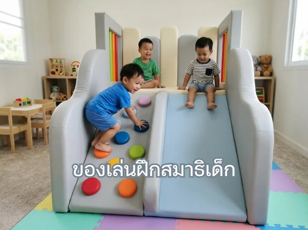 เด็กเอเชียกำลังเล่นชุดปีนป่ายเด็ก Soft Play มินิมอล โทน Scandinavian ของเล่นฝึกสมาธิเด็ก ช่วยให้จดจ่อและเสริมพัฒนาการ