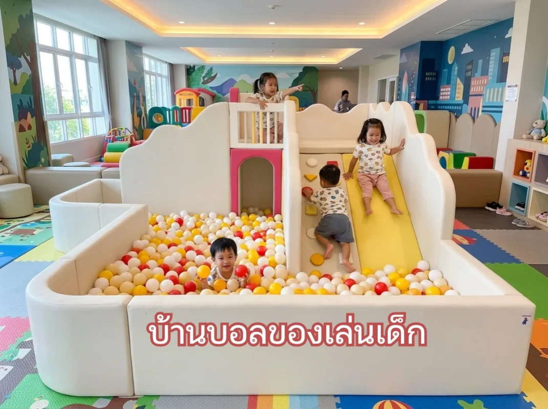 เด็กเอเชียเล่นในบ้านบอลของเล่นเด็ก Soft Play สีพาสเทลอย่างสนุกสนานและปลอดภัยในห้องนั่งเล่น