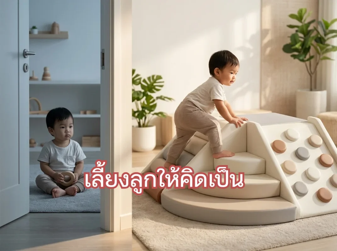 เด็กกำลังเล่นและสำรวจชุดปีนป่าย Soft Play มินิมอล เพื่อฝึกทักษะการแก้ปัญหา