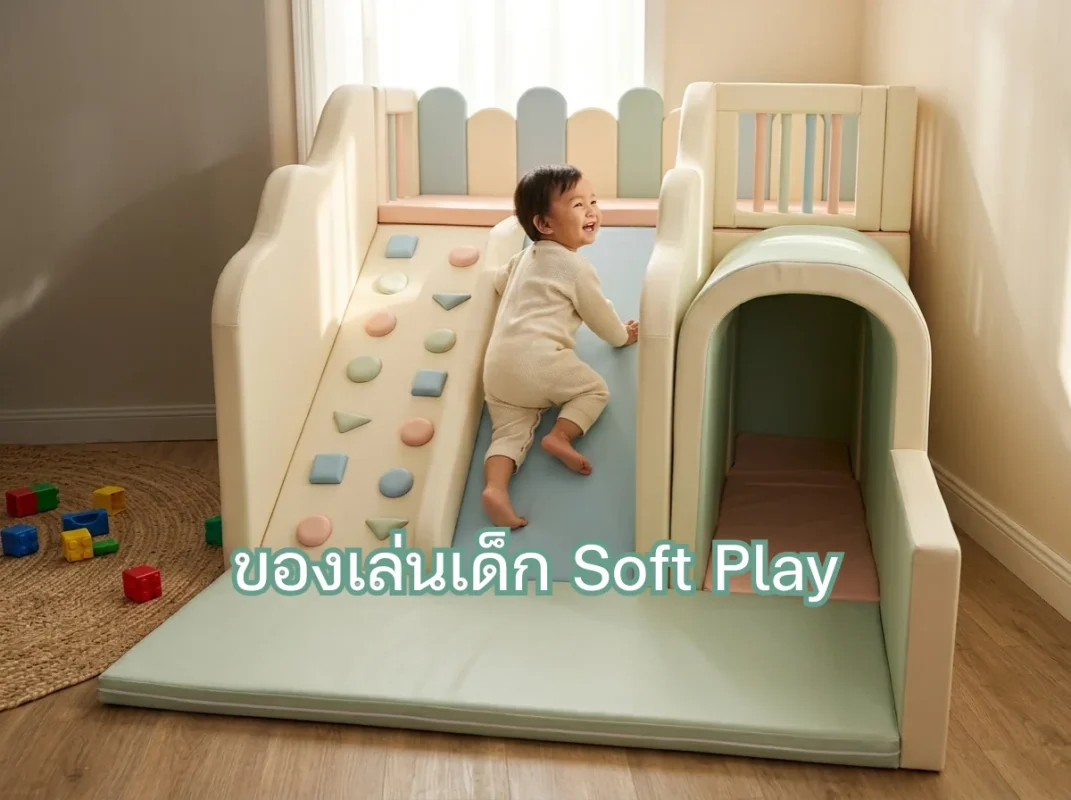 เด็กกำลังสนุกกับของเล่นเด็ก Soft Play ชุดปีนป่ายสไลเดอร์นุ่มสีพาสเทลในมุมเล่นที่บ้านอย่างปลอดภัย