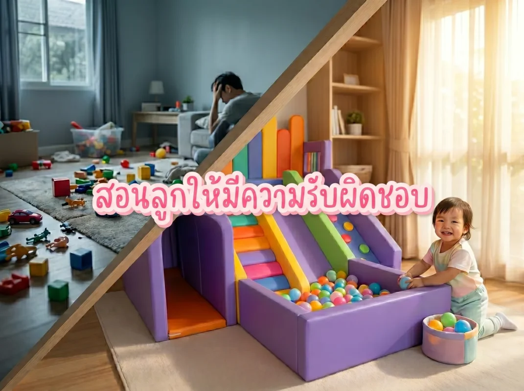 ภาพเด็กเล่นและช่วยกันเก็บของเล่นในมุมชุดปีนป่าย Soft Play ไซส์ใหญ่สายรุ้ง เพื่อสอนลูกให้มีความรับผิดชอบ