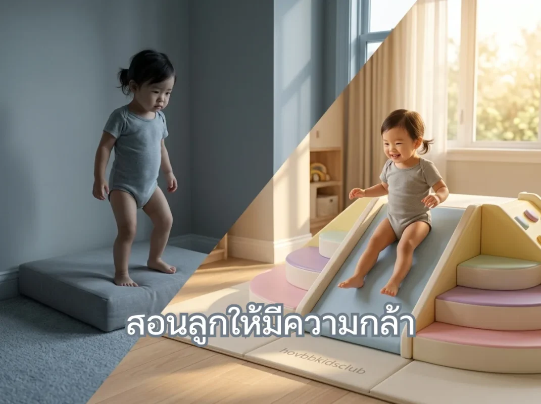 เด็กเอเชียกำลังเล่นปีนป่ายชุด soft play สีพาสเทลอย่างมีความกล้าและมั่นใจในตัวเอง