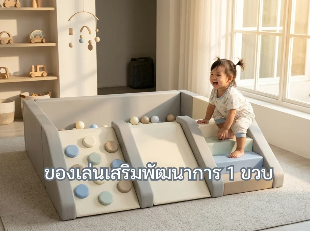 เด็ก 1 ขวบกำลังเล่นชุดปีนป่าย Soft Play โทนครีมฟ้า เสริมพัฒนาการอย่างปลอดภัย