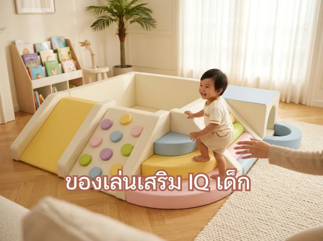 เด็กวัยเตาะแตะกำลังเล่นสนุกบนชุดปีนป่ายและบ่อบอลพาสเทล ซึ่งเป็นของเล่นเสริม IQ เด็ก จาก hovbbkidsclub ช่วยกระตุ้นพัฒนาการสมองและการเคลื่อนไหว