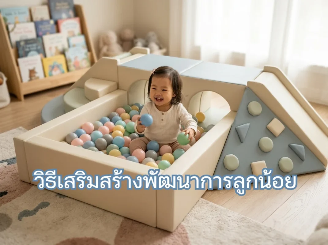 เด็กวัยเตาะแตะชาวเอเชียกำลังเล่นชุดปีนป่าย Soft Play มินิมอลอย่างมีความสุขในบ้าน เพื่อเสริมสร้างพัฒนาการทางร่างกายและสมอง