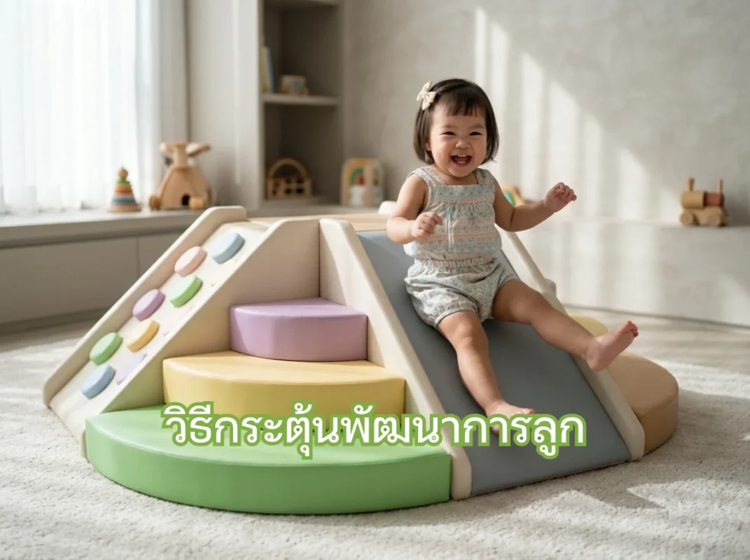 เด็กกำลังเล่นปีนป่ายชุด Soft Play สีพาสเทลอย่างสนุกสนาน ช่วยเสริมวิธีกระตุ้นพัฒนาการลูกด้านกล้ามเนื้อ