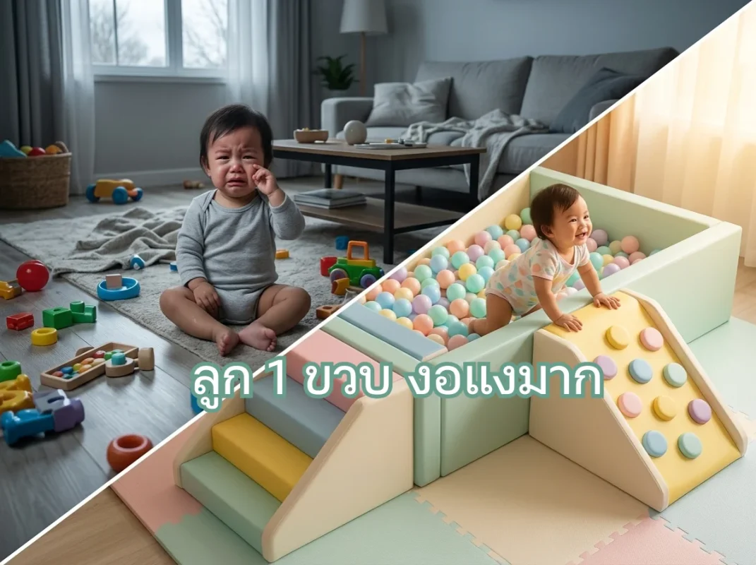 เด็กวัย 1 ขวบเล่นปีนป่ายอย่างอารมณ์ดีบนชุด Soft Play โทนพาสเทลในบ้าน