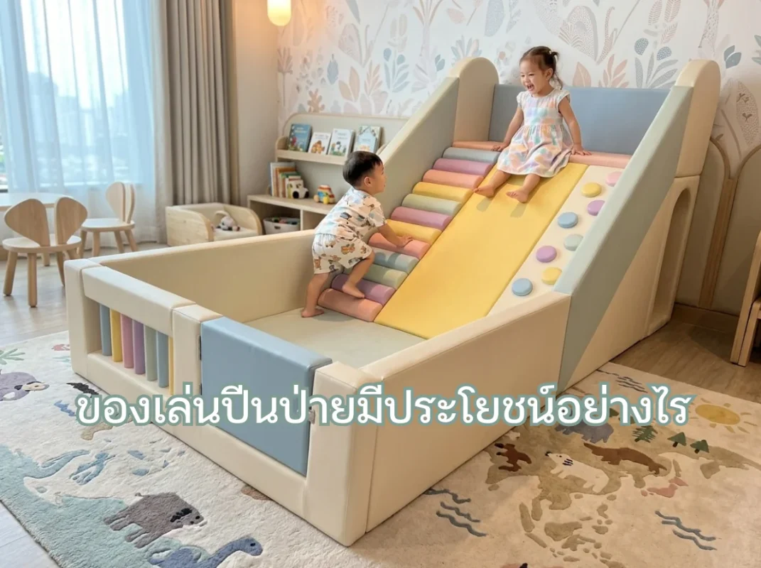 เด็กเอเชียกำลังเล่นชุดปีนป่าย soft play สีพาสเทลอย่างมีความสุขในมุมเล่นของบ้าน