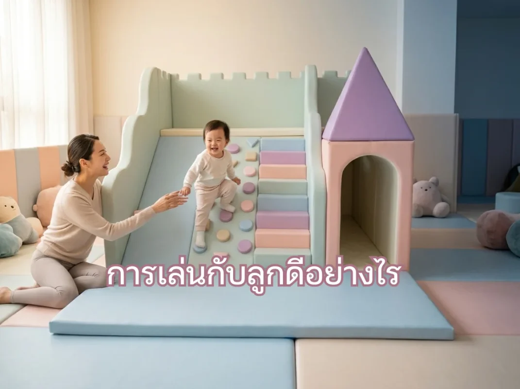 คุณแม่ชาวเอเชียกำลังเล่นบล็อกไม้และชุดปีนป่ายพาสเทลกับลูกน้อยอย่างมีความสุขในห้องนั่งเล่นที่สะอาดและปลอดภัย สะท้อนคำถามว่าการเล่นกับลูกดีอย่างไร