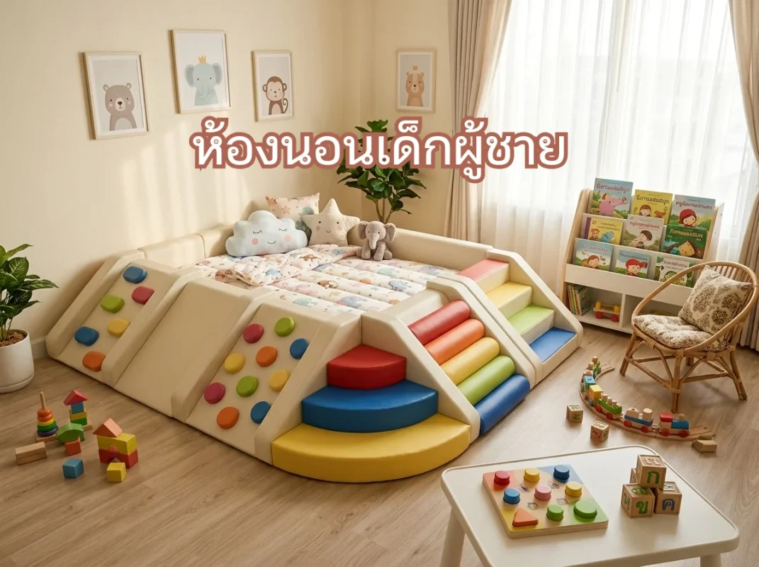 ไอเดียจัดห้องนอนเด็กผู้ชาย พร้อมมุมปีนป่าย Soft Play สไลเดอร์และบ่อบอล โทนสีสดนุ่ม
