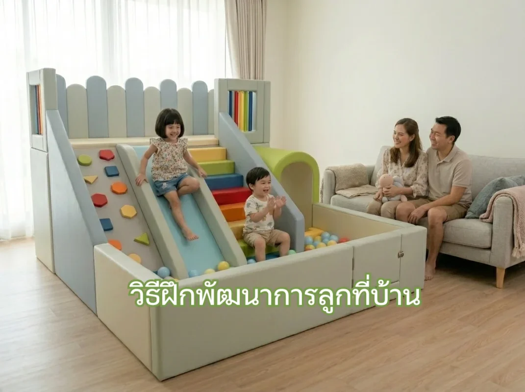 เด็กกำลังเล่นชุดปีนป่าย Soft Play สไลเดอร์ บ่อบอล ในบ้านอย่างสนุกสนาน เป็นวิธีฝึกพัฒนาการลูกที่บ้านที่ปลอดภัย