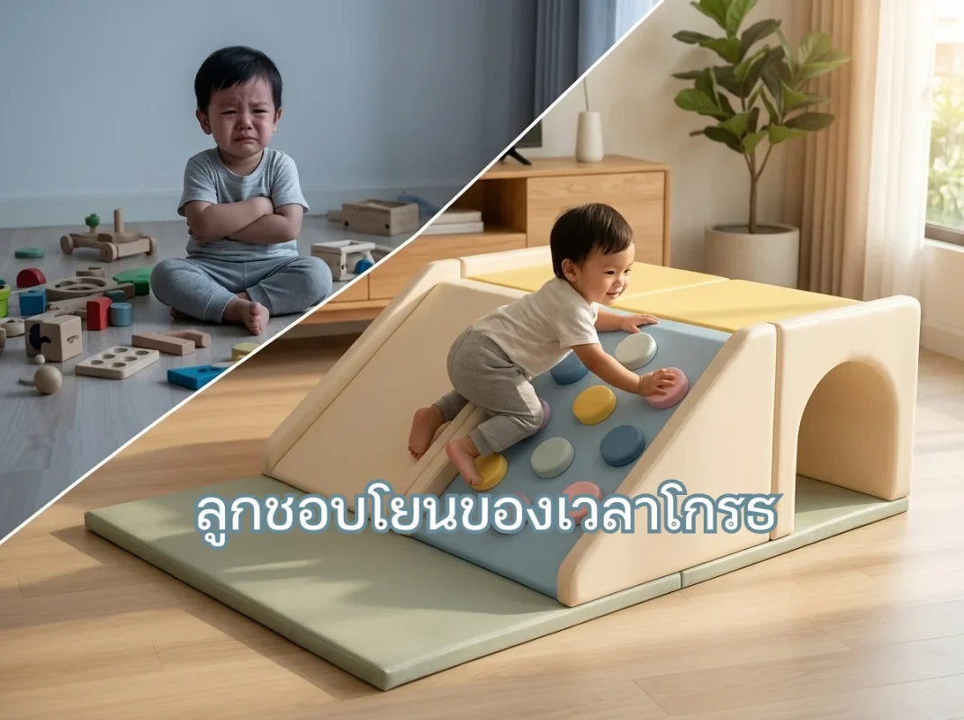เด็กกำลังเล่นชุดปีนป่ายพาสเทล รุ่น FG-138 อย่างปลอดภัย ช่วยลดปัญหาลูกชอบโยนของเวลาโกรธ