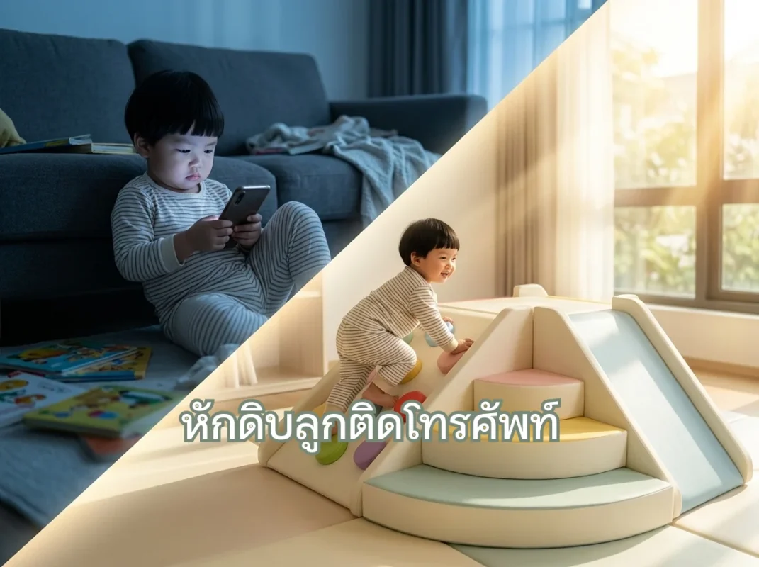 เด็กไทยกำลังเล่นสนุกบนชุดปีนป่ายเด็ก Soft Play พาสเทล แทนการเล่นโทรศัพท์มือถือ