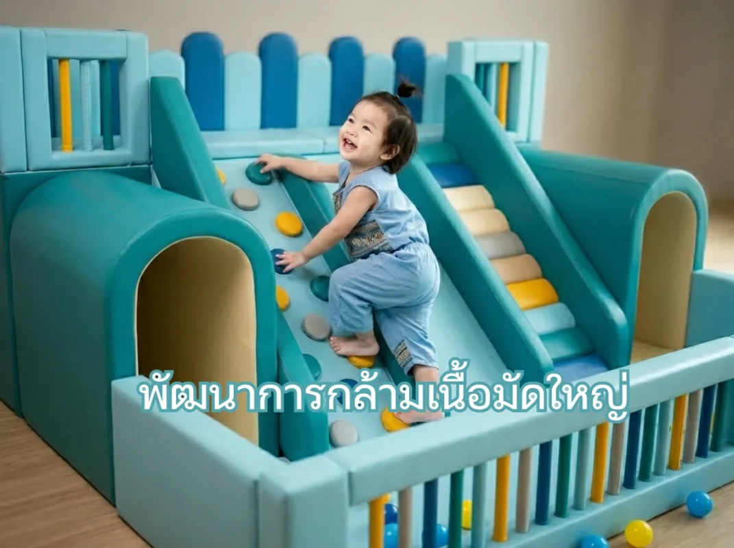 เด็กกำลังเล่นปีนป่ายบนชุดเครื่องเล่น Soft Play สีพาสเทลเพื่อเสริมพัฒนาการกล้ามเนื้อมัดใหญ่
