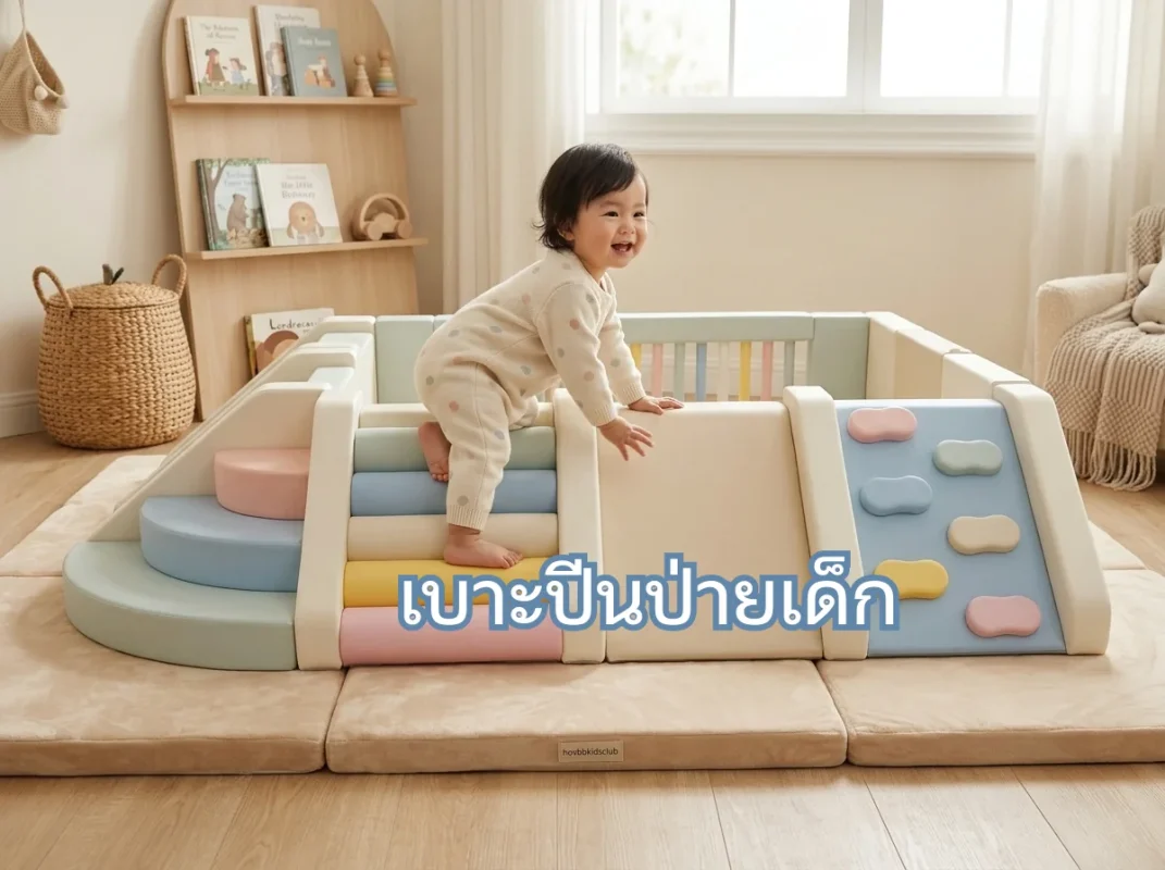 เบาะปีนป่ายเด็ก Soft Play โทนสีพาสเทล จัดวางในมุมห้องนั่งเล่นสำหรับเป็นพื้นที่ปลอดภัยให้เด็กวัยเตาะแตะ