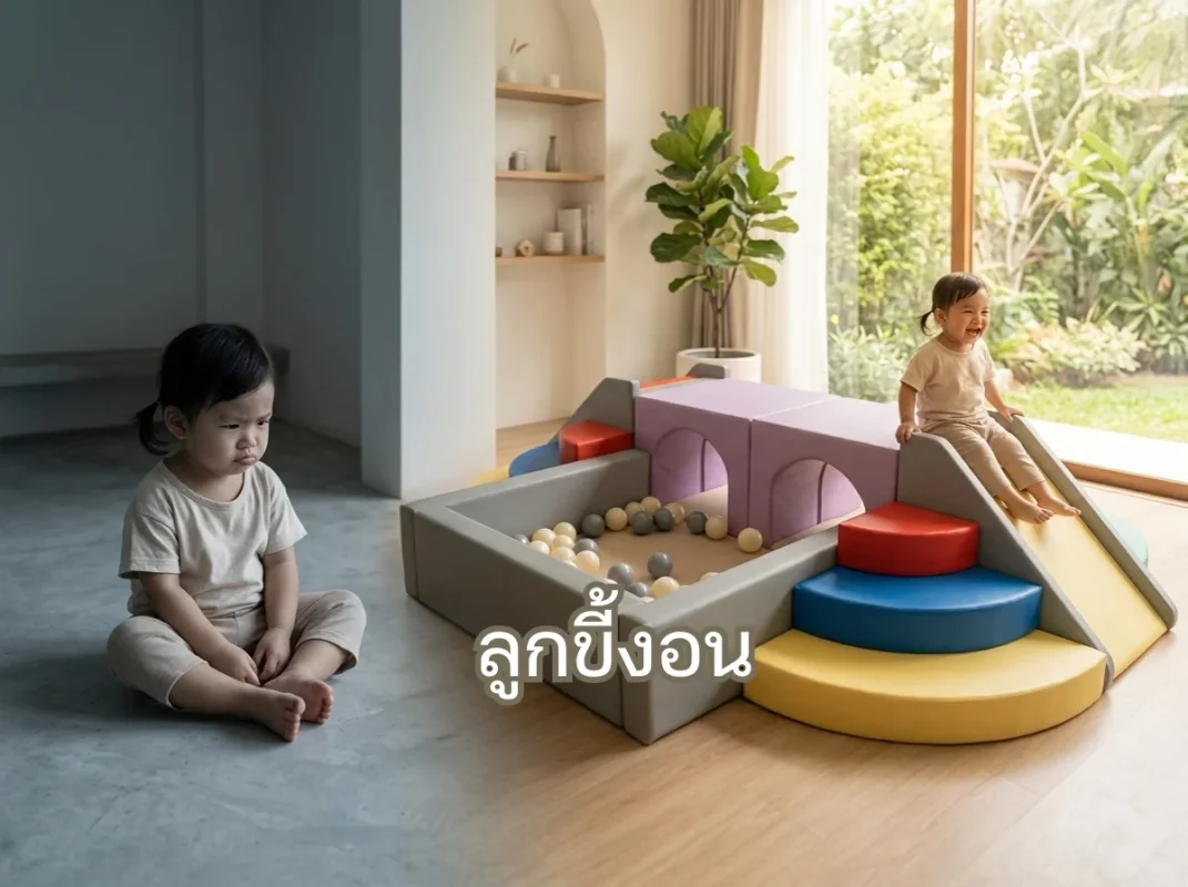 เด็กหญิงกำลังเล่นสนุกในชุดปีนป่าย Soft Play โทนสแกนดิเนเวียน รุ่น FG-188 ช่วยลดอาการลูกขี้งอน และฝึกควบคุมอารมณ์