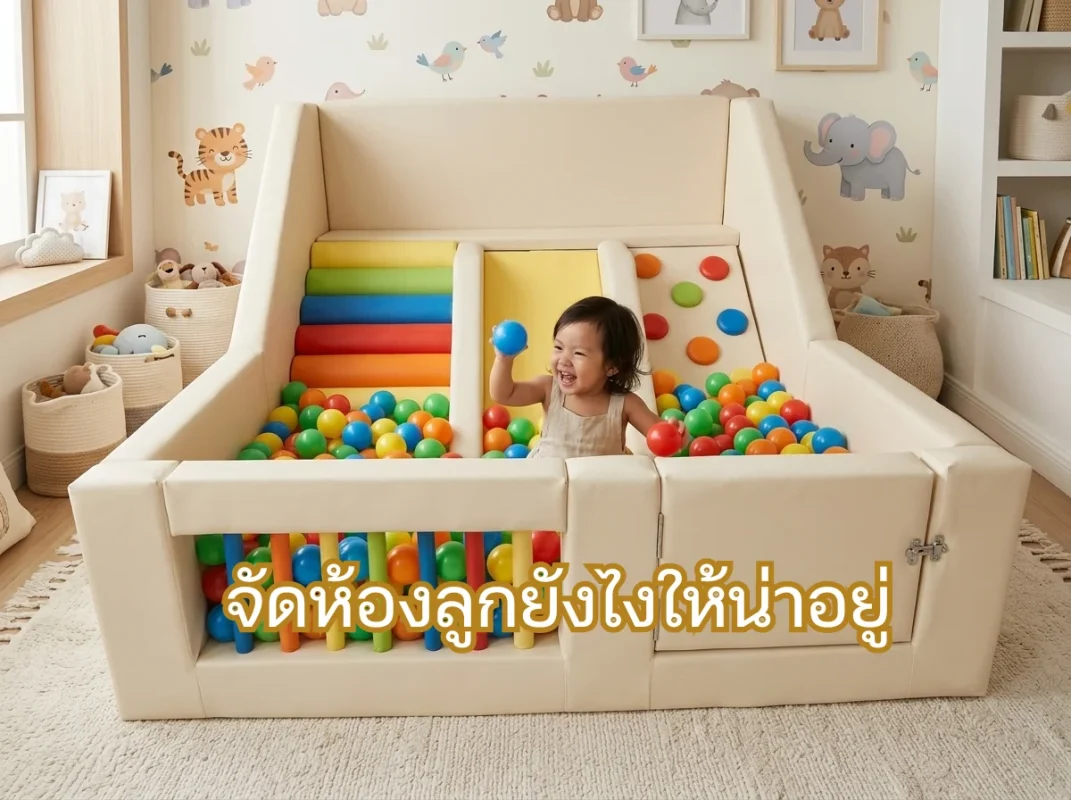 ห้องเด็กสไตล์สแกนดิเนเวียนที่จัดสรรอย่างเป็นระเบียบ พร้อมชุดปีนป่ายเด็ก Soft Play และบ่อบอลสีพาสเทล