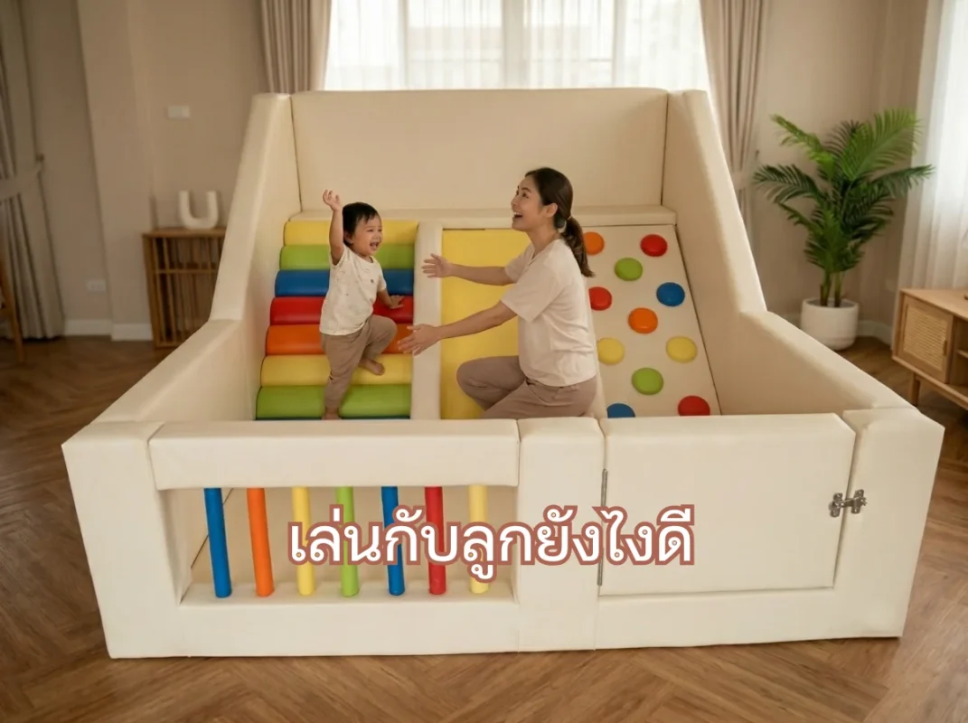 คุณแม่และลูกน้อยเล่นสนุกในบ้านบนชุดปีนป่าย Soft Play เสริมพัฒนาการ รุ่น Modern Climb M สีพาสเทล
