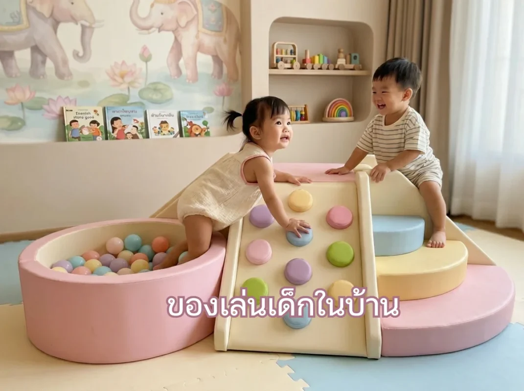 ชุดปีนป่ายเด็ก Soft Play พาสเทล แบรนด์ hovbbkidsclub ในห้องนั่งเล่นสไตล์มินิมอล มีบ่อบอลและบันไดนุ่มสำหรับของเล่นเด็กในบ้าน