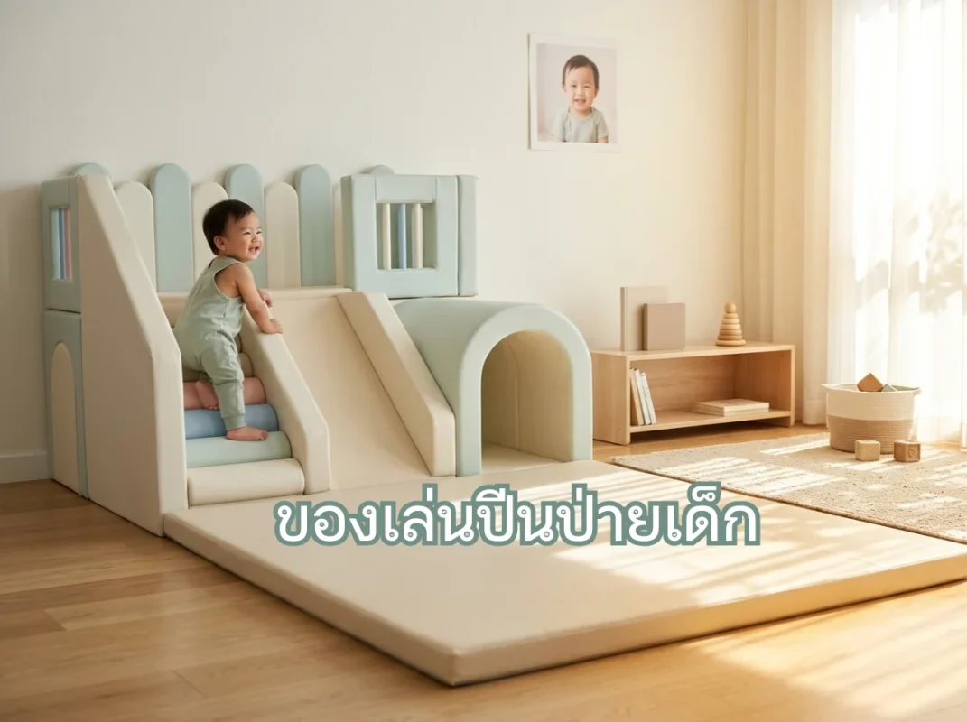 ชุดของเล่นปีนป่ายเด็ก Soft Play พาสเทลในห้องนั่งเล่นสไตล์มินิมอล