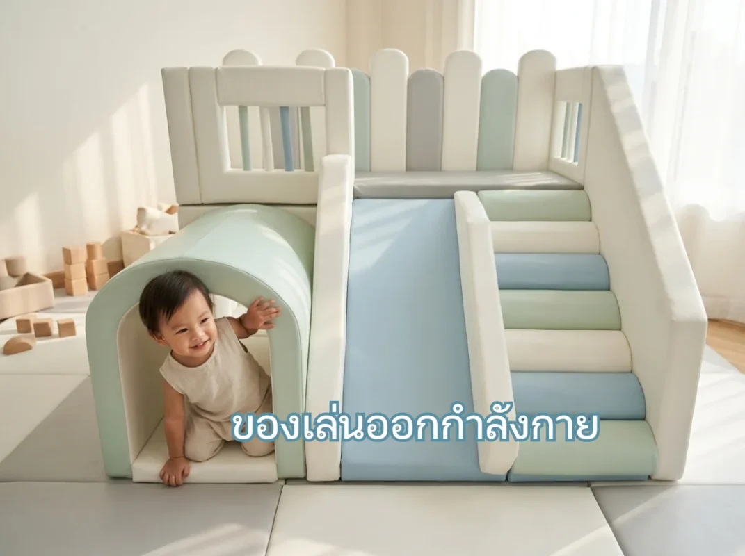 เด็กกำลังเล่นชุดปีนป่าย Soft Play มินิมอล พร้อมสไลเดอร์และอุโมงค์ ซึ่งเป็นของเล่นออกกำลังกายในบ้านที่ปลอดภัย