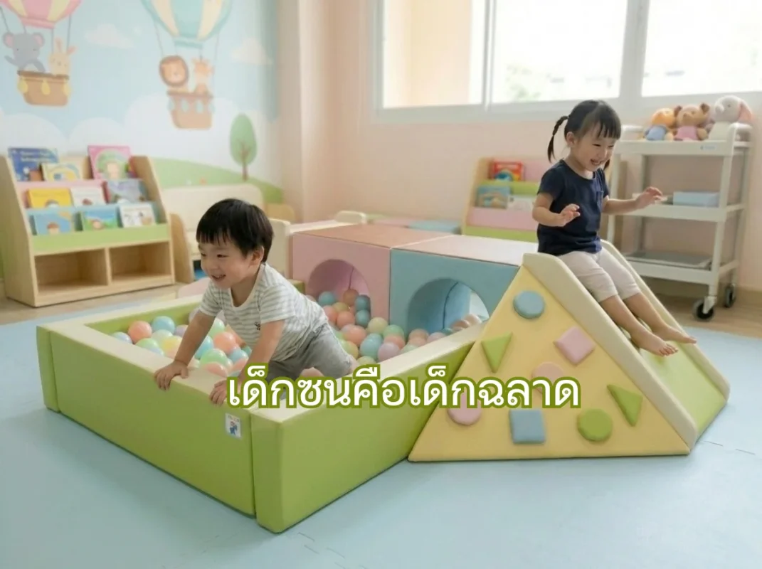 เด็กกำลังเล่นปีนป่ายในคอกกั้นเด็ก Soft Play อย่างสนุกสนานและปลอดภัย