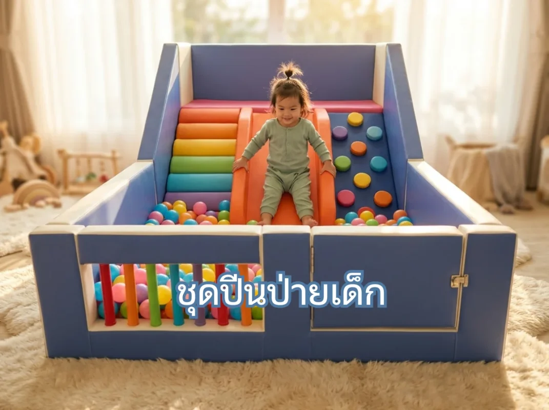 เด็กกำลังเล่นชุดปีนป่ายเด็ก Soft Play สายรุ้ง พร้อมสไลเดอร์และอุโมงค์อย่างปลอดภัยในบ้าน