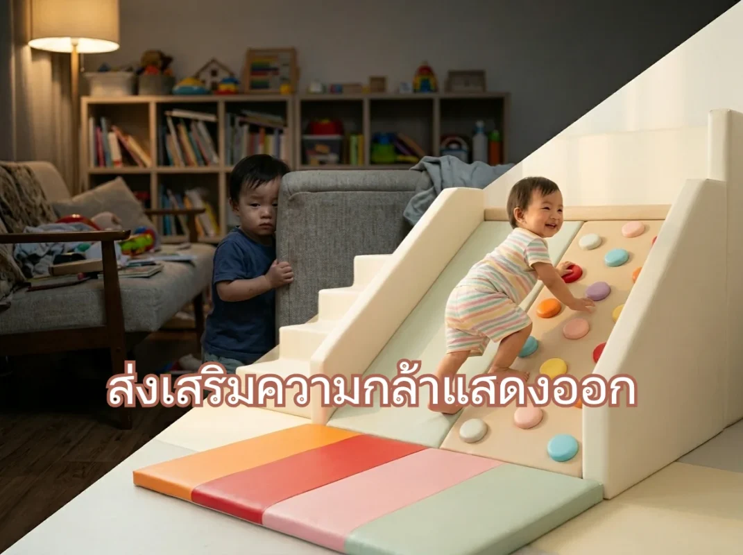เด็กเอเชียกำลังเล่นปีนป่ายชุด Soft Play อย่างมั่นใจในบ้าน เป็นการส่งเสริมความกล้าแสดงออกผ่านการเล่น