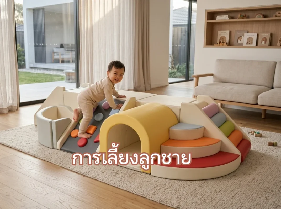 เด็กผู้ชายกำลังเล่นชุดปีนป่ายเด็ก Soft Play สีรุ้ง พร้อมบ่อบอลในบ้านอย่างสนุกสนาน