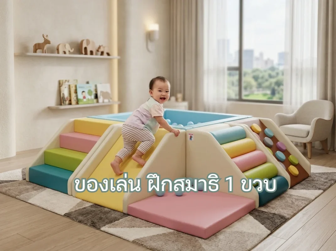 เด็กวัย 1 ขวบกำลังเล่นชุดปีนป่าย Soft Play พาสเทลอย่างมีสมาธิ เพื่อฝึกการจดจ่อและพัฒนาการทางร่างกาย